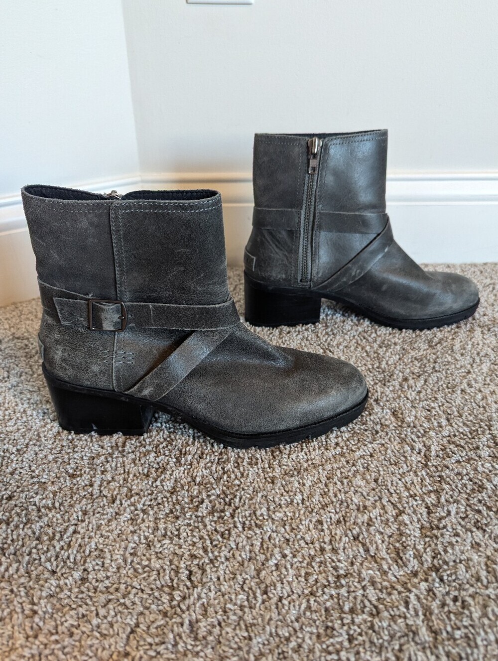Sorel Cate Buckle Waterproof Leather Moto Ankle Boots - Quarry Grey sz 9.5